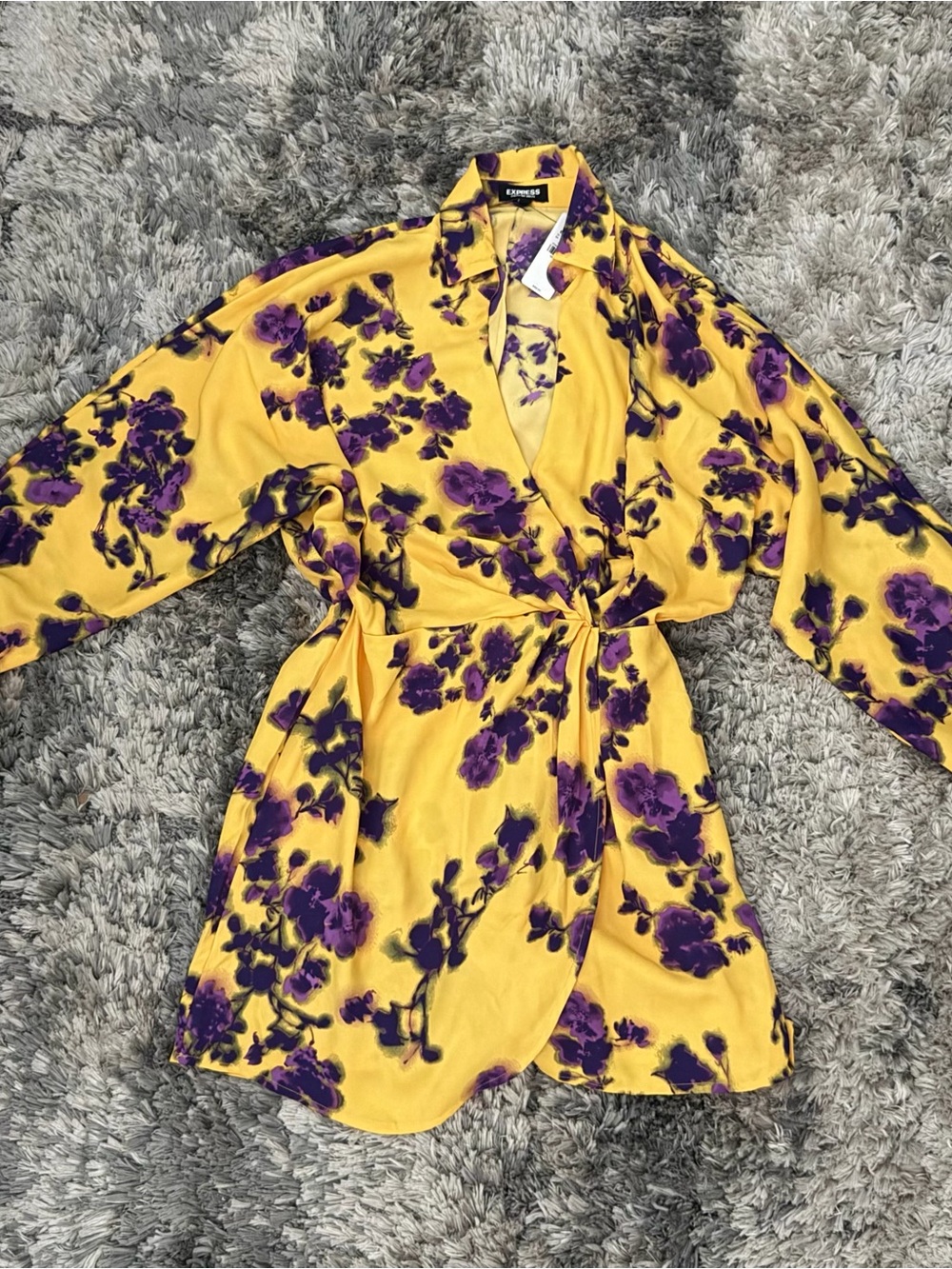 Express Yellow Satin Wrap Romper with Purple Floral Print